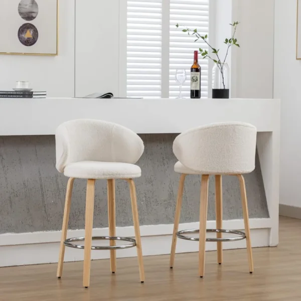 Stools Set of 4, 26 Inch Counter Height Sherpa Barstools Wooden Legs, Chairs Barrel Backrest Kitchen Island Dining Room, White