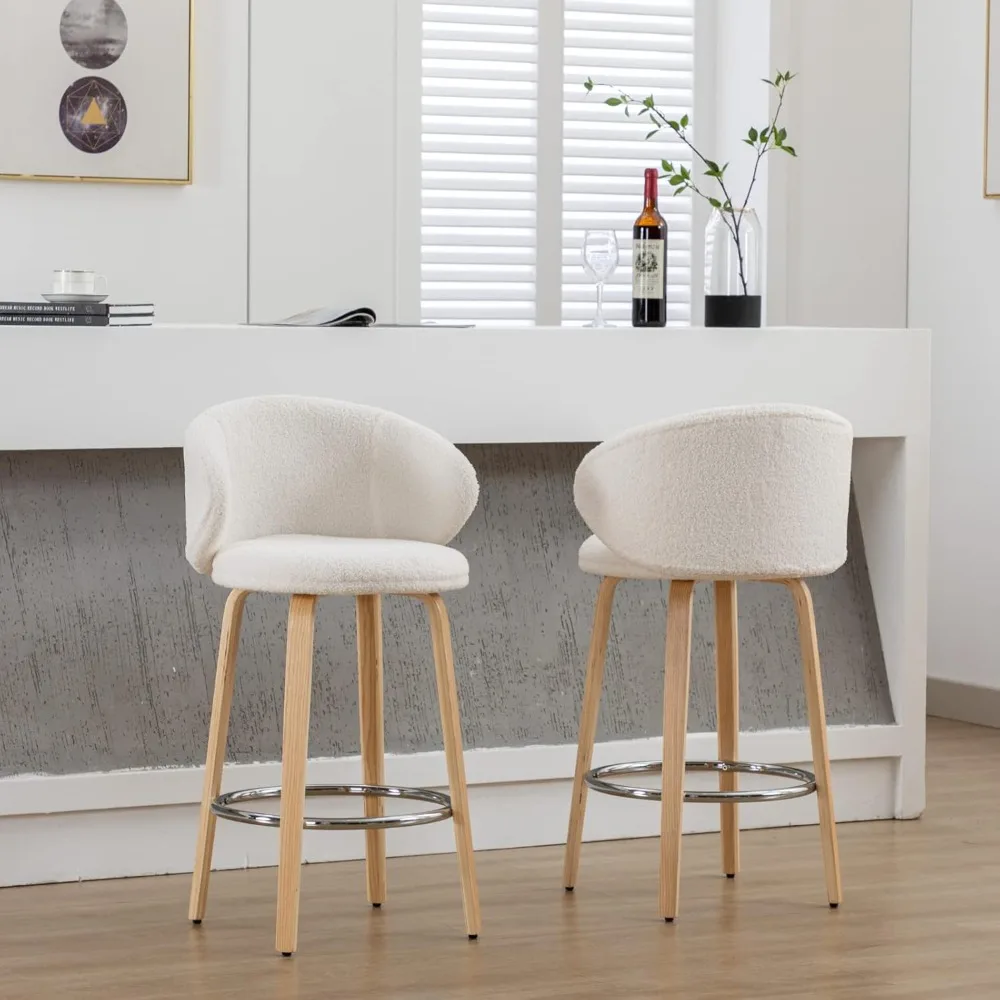 Stools Set of 4, 26 Inch Counter Height Sherpa Barstools Wooden Legs, Chairs Barrel Backrest Kitchen Island Dining Room, White